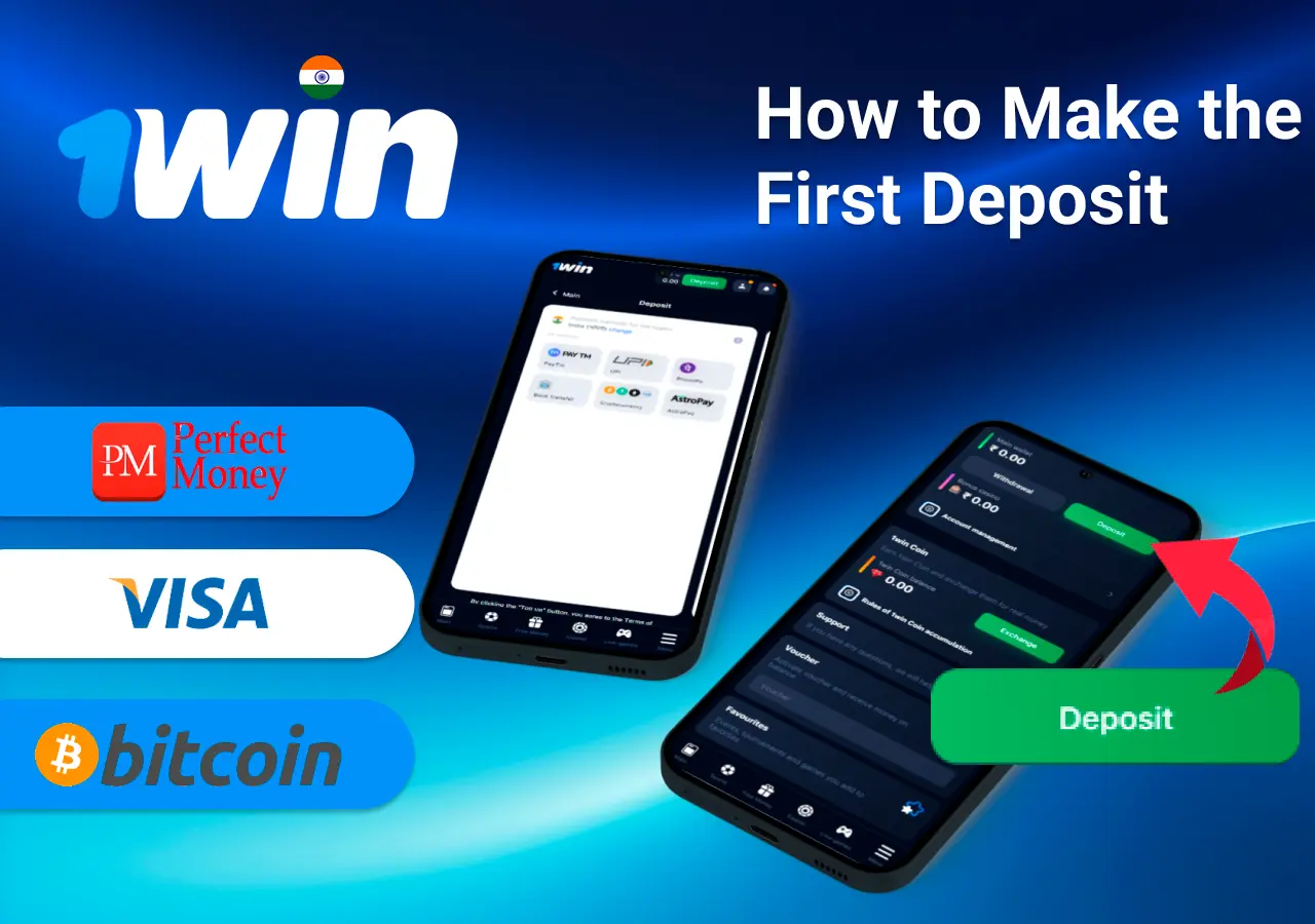 mobile app with deposit options including Perfect Money, Visa, and Bitcoin, along with deposit button