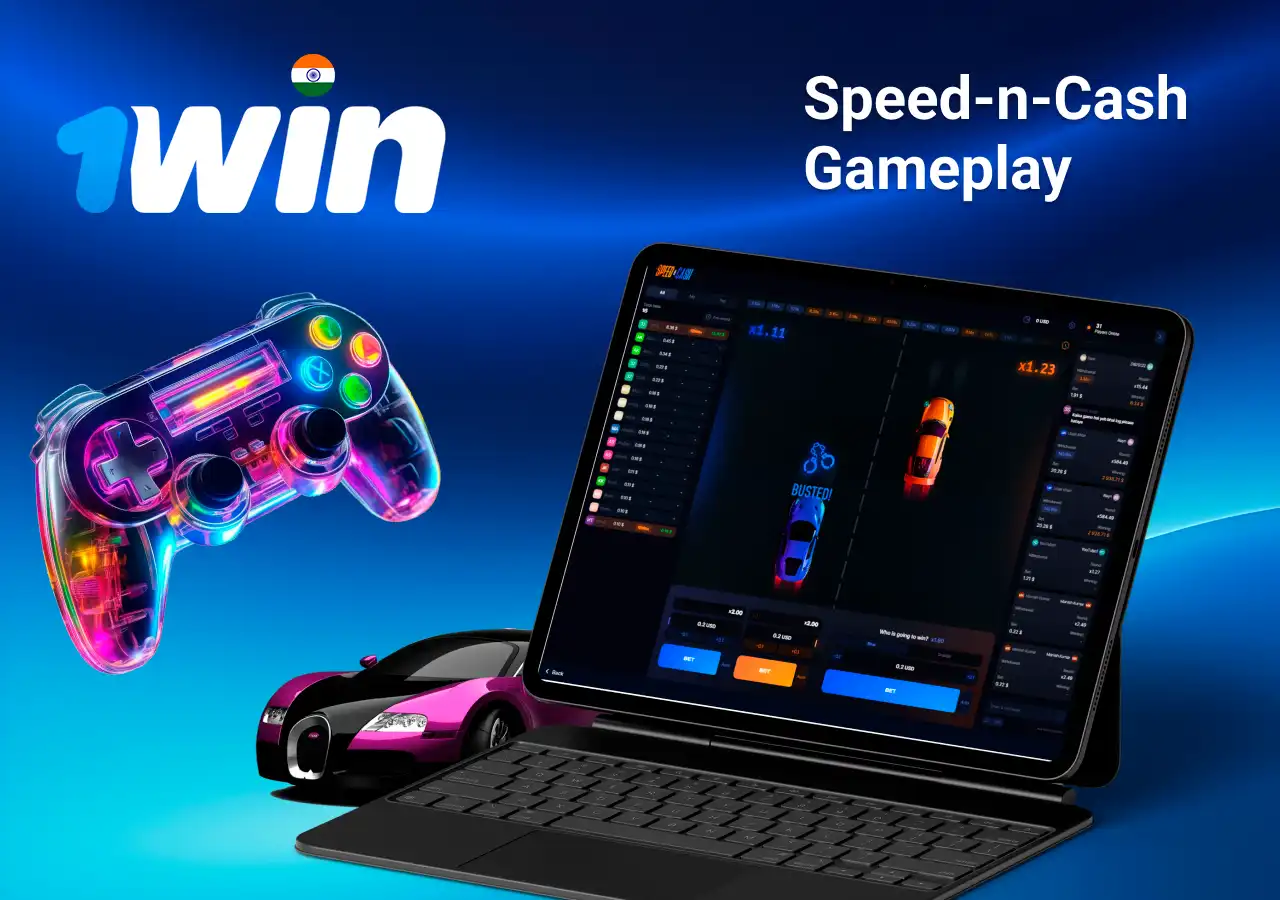 Speed-n-Cash gameplay showing two cars racing with betting details, displayed on a tablet