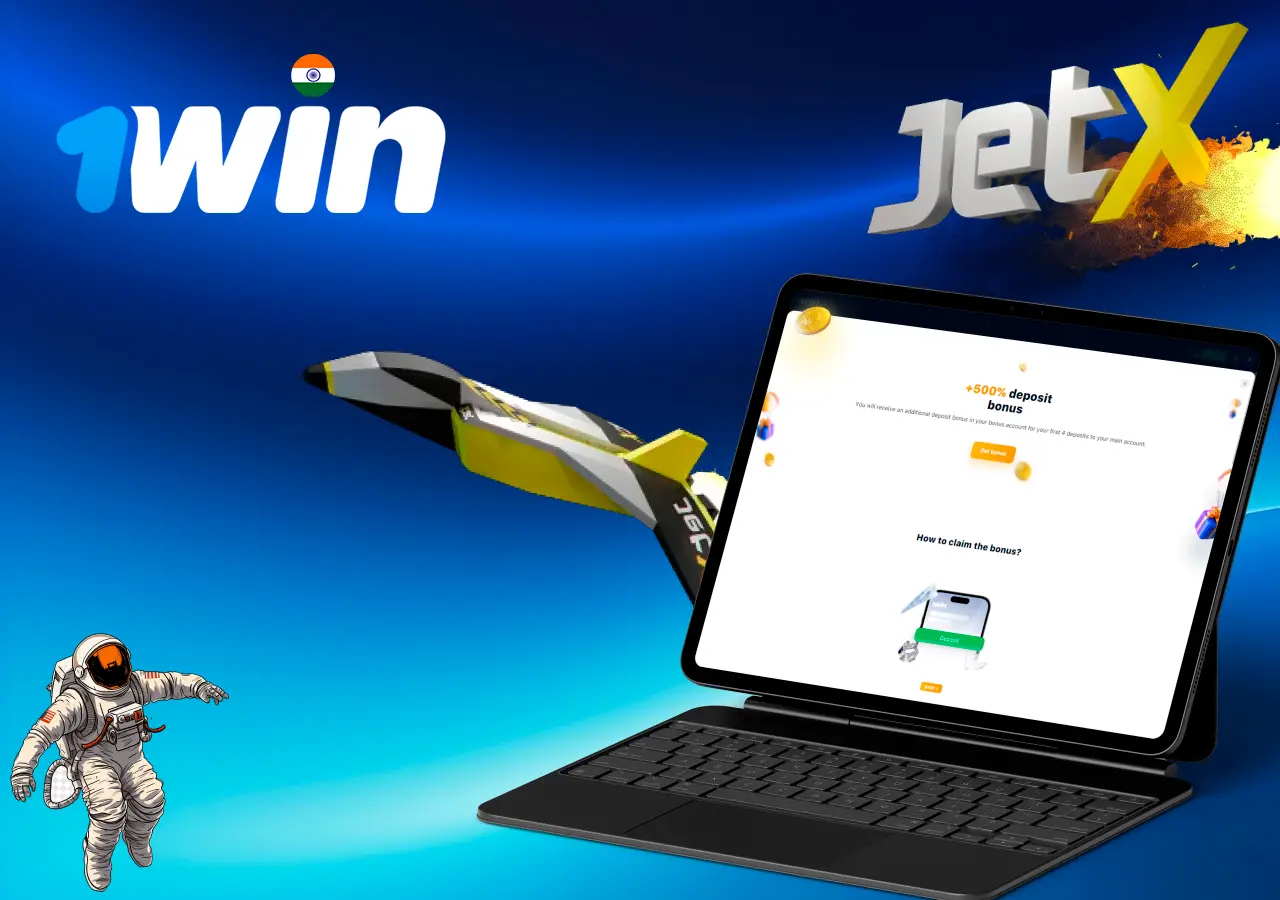 welcome bonus screen showing +500% deposit offer with a jet graphic