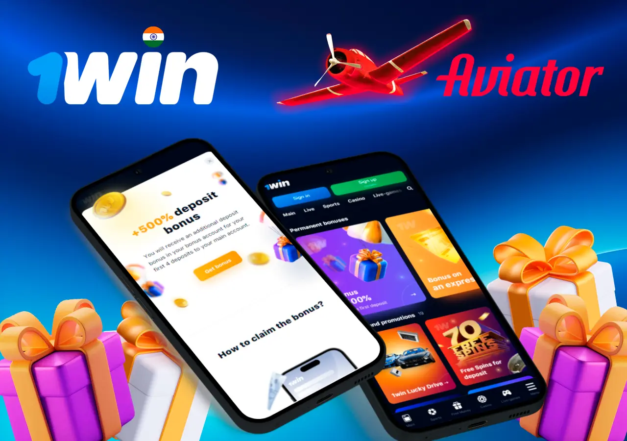 Mobile screens showing 1Win casino bonuses and promotions