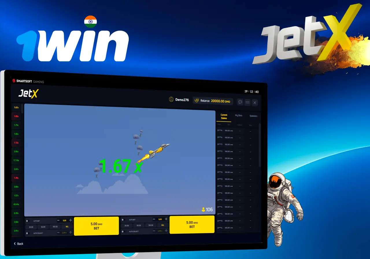 Demo version of JetX game running , featuring a space-themed interface